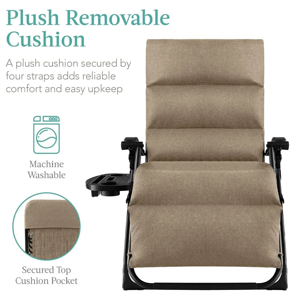 Oversized Chair, Folding Outdoor Patio Recliner, XL Anti Gravity Lounger W/Removable Cushion, Cup Holder, Side Tray, 350 lb Capacity - Taupe