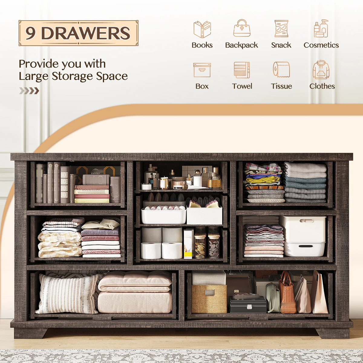 Enhomee Wood Dressers for Bedroom with 9 Drawers White Dresser Chest of Drawers for Living Room