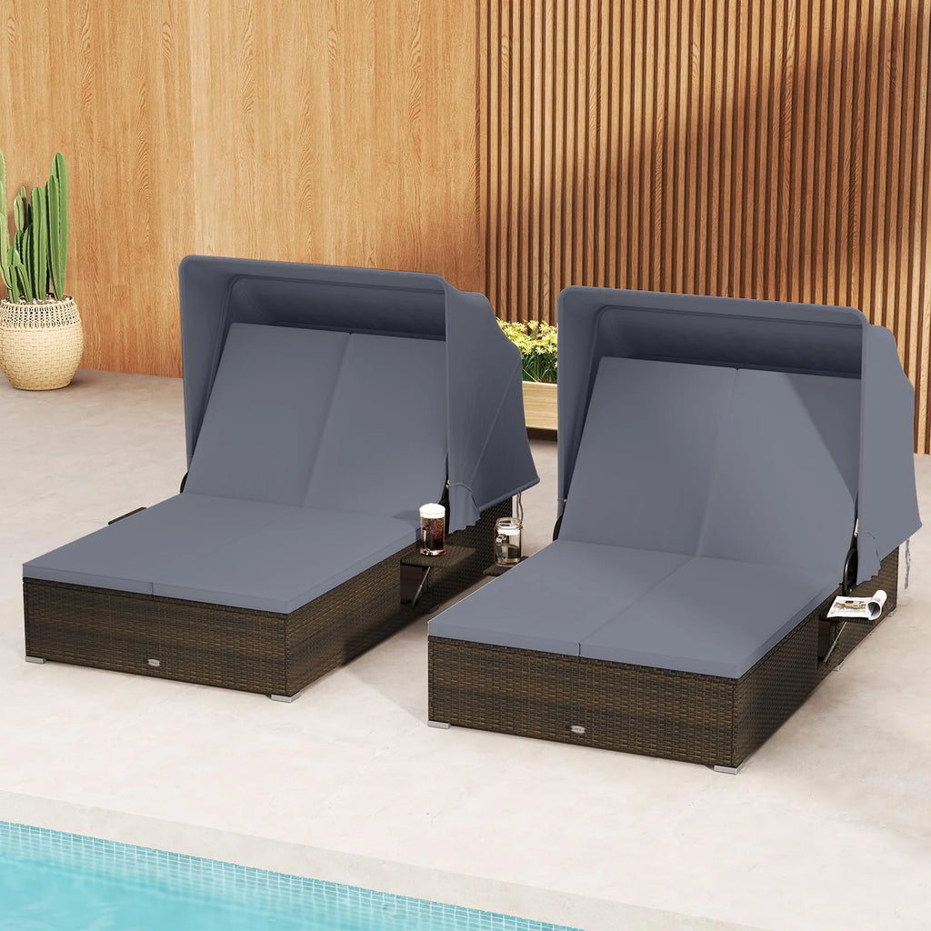 Tangkula Outdoor Rattan Daybed with Canopy & 6-Level Adjustable Backrests