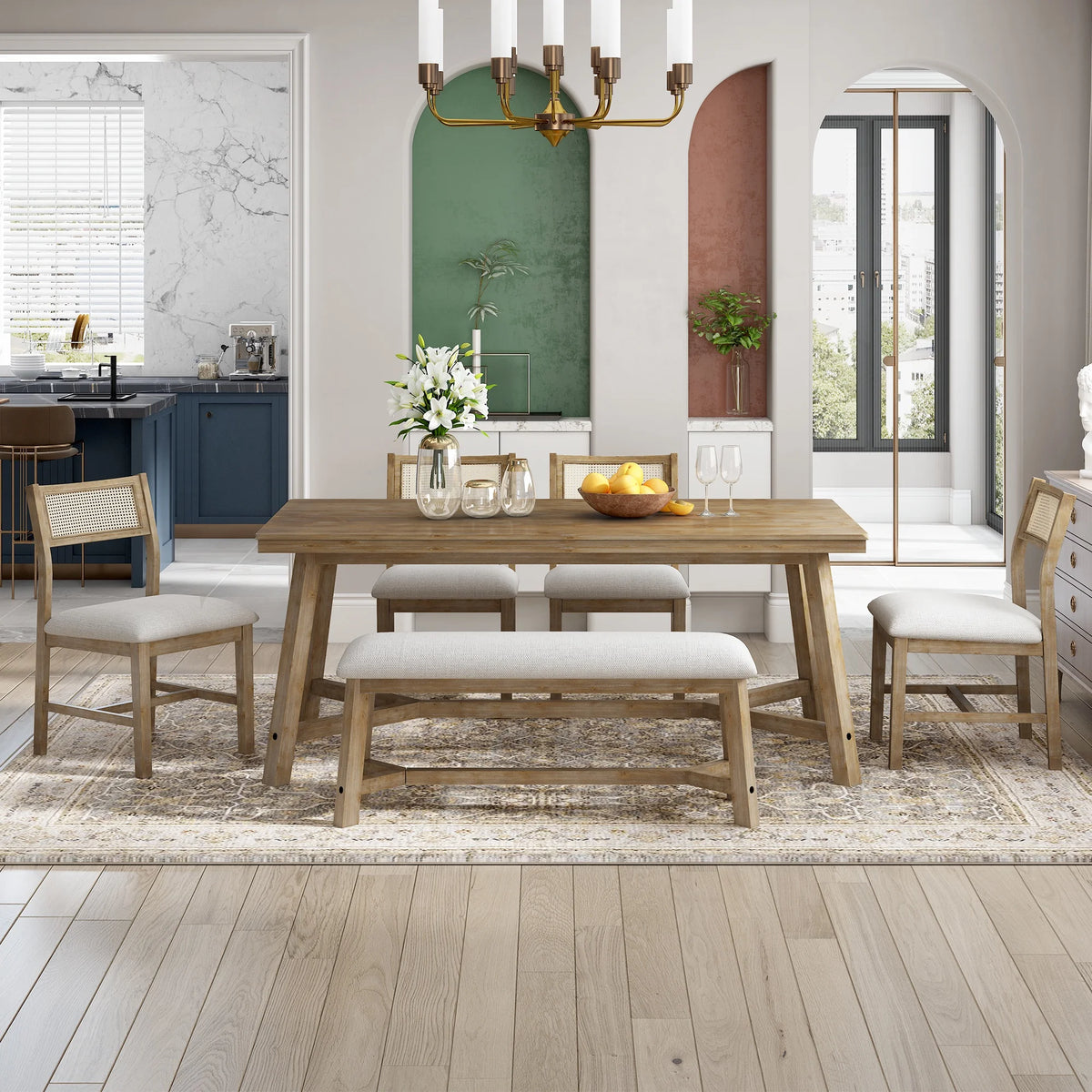 PORKISS 6 - Piece Dining Room Set, Farmhouse Dining Table Set with Bench and 4 Upholstered Chairs, Natural