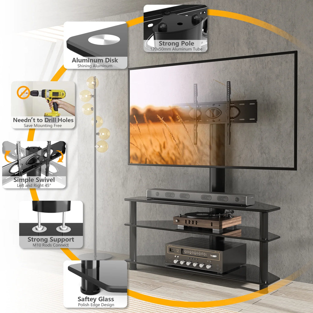 RTVR Modern 3 in 1 TV Stand with Mount for Flat Screens up to 65 in, Black Glass Corner TV Stand for Bedroom