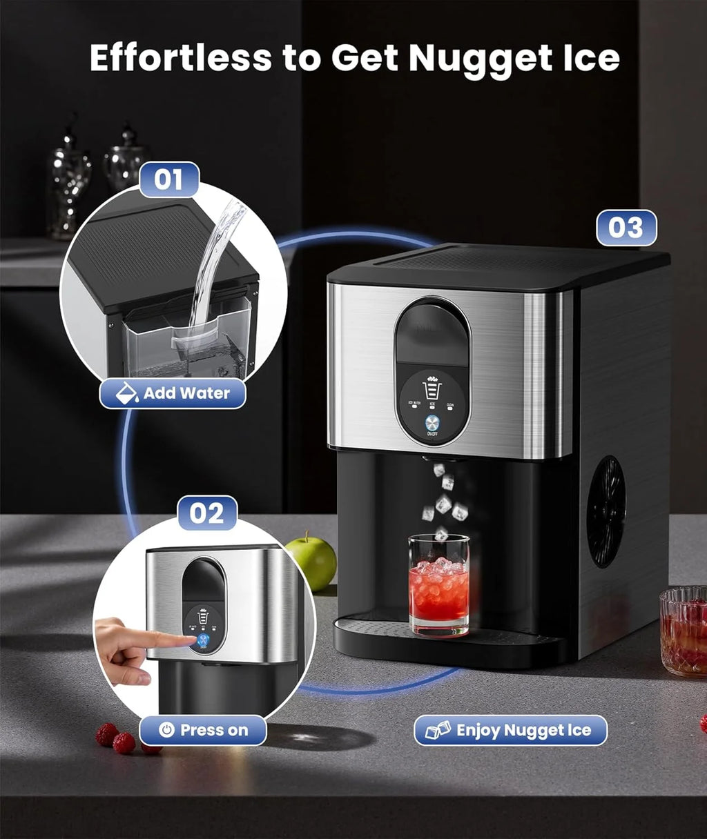 Moifoi Nugget Ice Maker, Culb in 6mins, 44 lb/24 H, Auto - Cleaning Portable Ice Machine with Basket & Scoop, Black