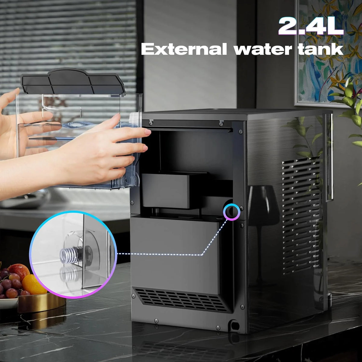 Moifoi Nugget Ice Maker, Culb in 6mins, 44 lb/24 H, Auto - Cleaning Portable Ice Machine with Basket & Scoop, Black