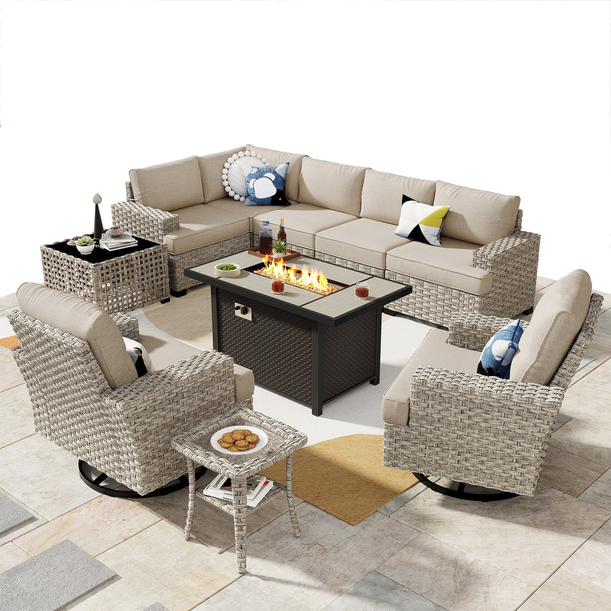 Ovios 10 Pieces Outdoor Patio Furniture Modern High - Back All - Weather Wicker Sectional Conversation Set with Propane Fire Pit Table & Swivel Chair, Dark Gray