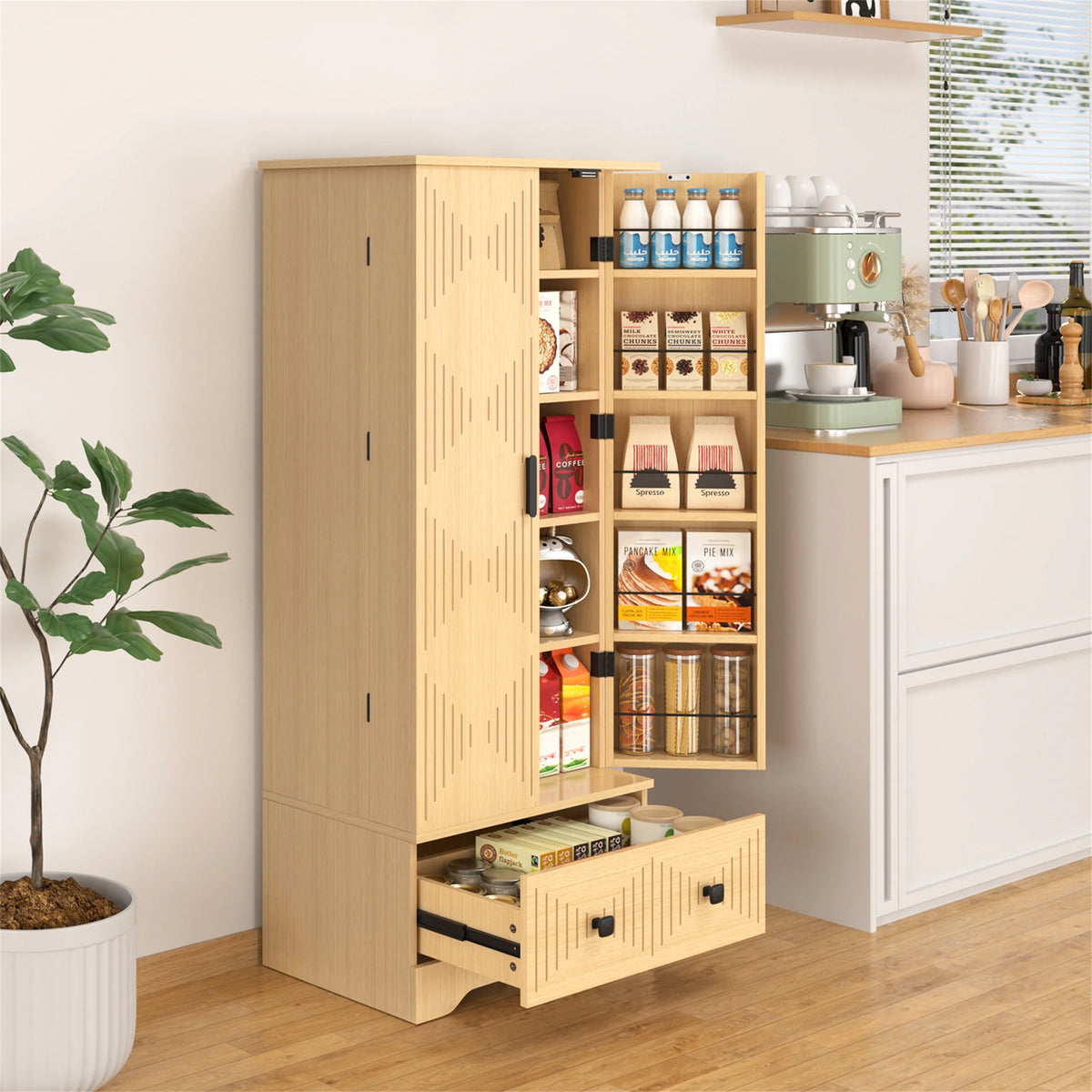 Planntonneo 71'' Tall Kitchen Pantry Storage Hutch Cabinet with Doors and Shelves, Grey Oak