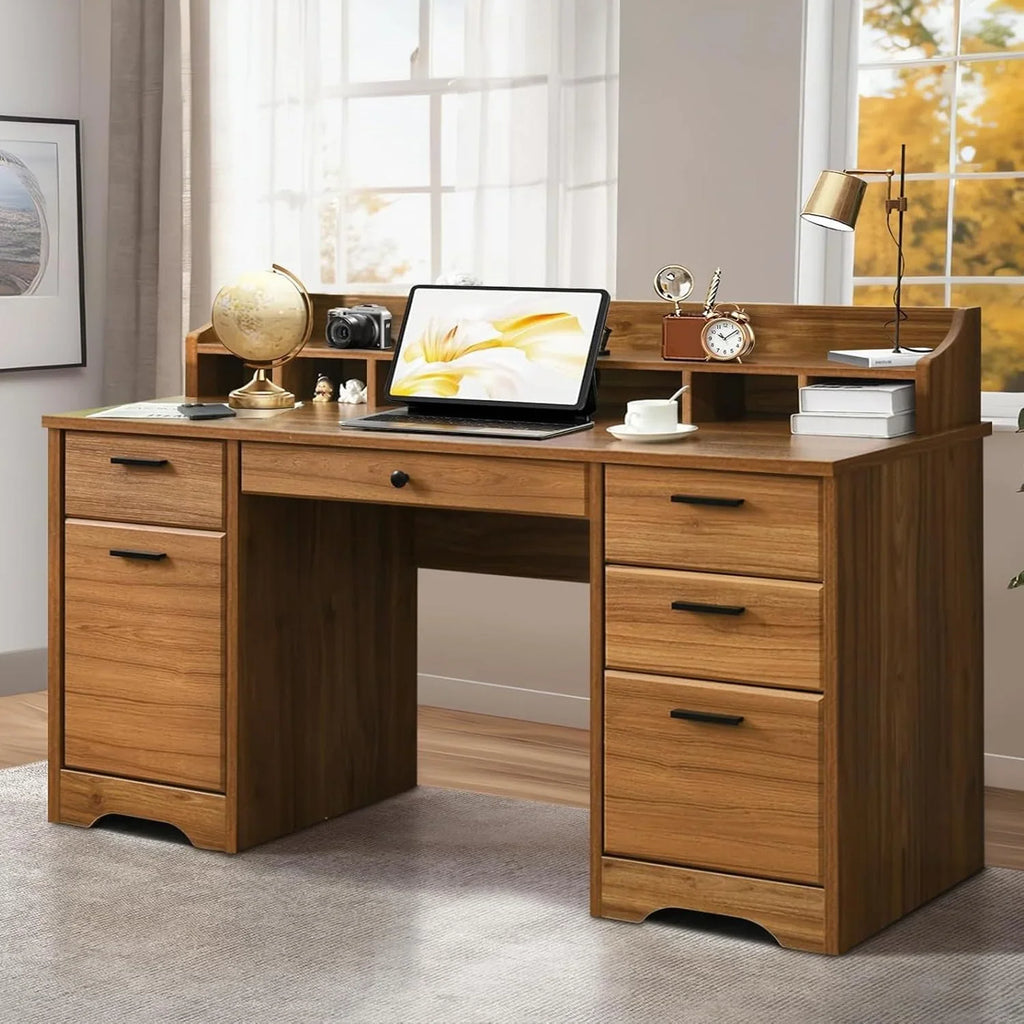 Executive Desk with Drawers, 58 Inch Desk with Storage, Wood Executive Desk with 6 Drawers, Study Desk for Bedroom, Business Furniture Desk…