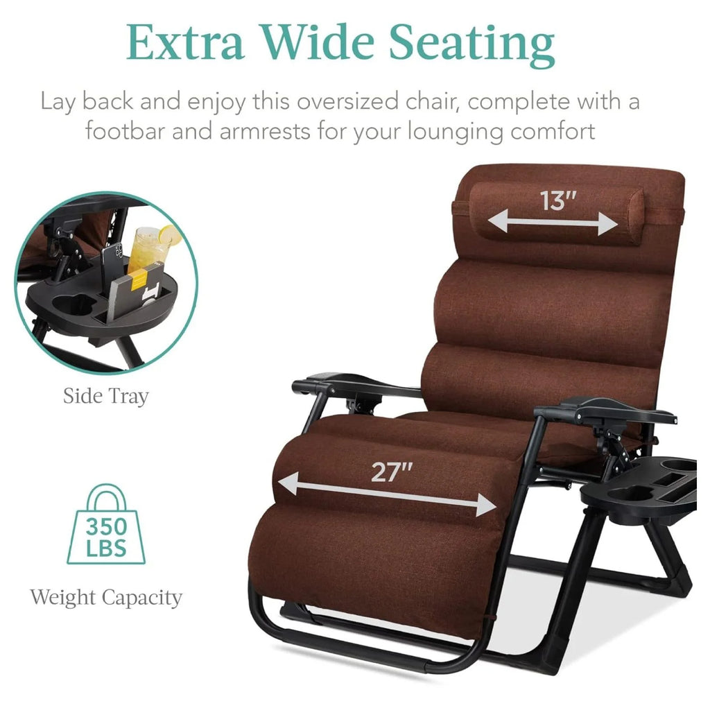 Oversized Chair, Folding Outdoor Patio Recliner, XL Anti Gravity Lounger W/Removable Cushion, Cup Holder, Side Tray, 350 lb Capacity - Taupe