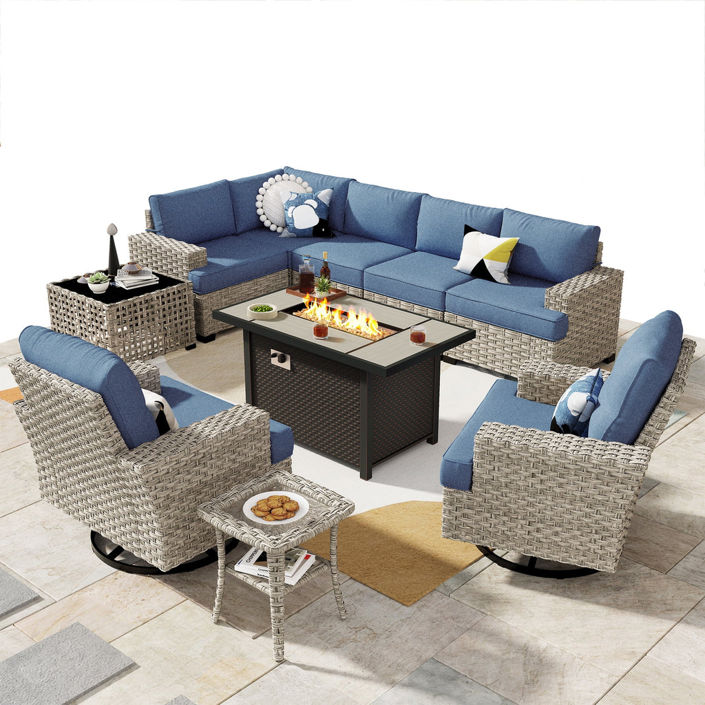 Ovios 10 Pieces Outdoor Patio Furniture Modern High - Back All - Weather Wicker Sectional Conversation Set with Propane Fire Pit Table & Swivel Chair, Dark Gray