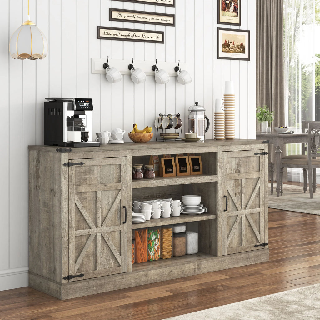 Chvans Farmhouse Barn Door TV Stand for up to 65" Tvs & 23" Electric Fireplace, Entertainment Center Console Table with Adjustable Shevles