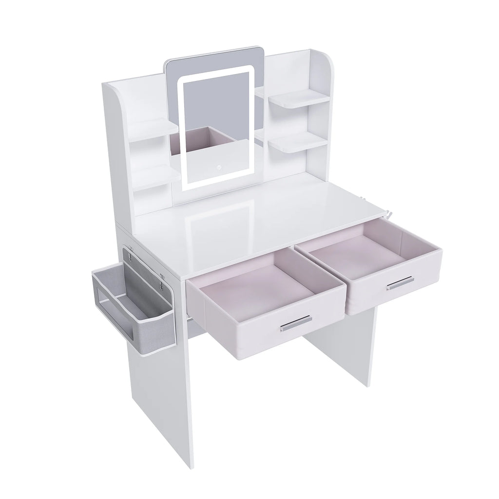 Montary Modern Mini Vanity W/Adjustable LED Mirror + Hidden Storage, Padded Stool & Dustproof Shelves (White)
