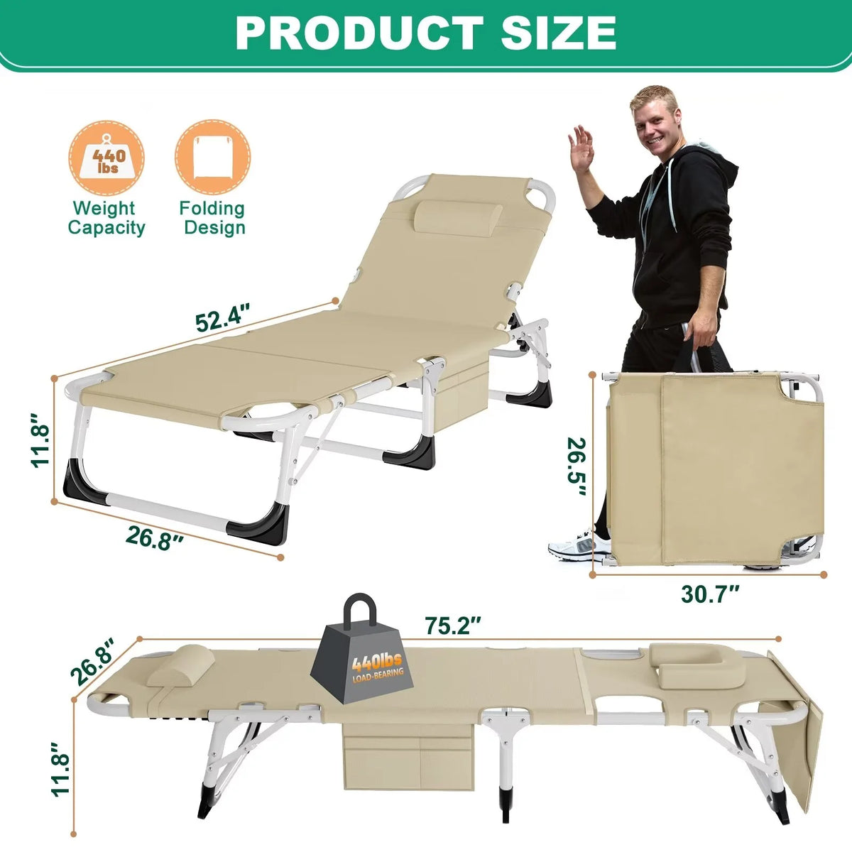 MOPHOTO Lounge Chair with Mattress, Outdoor Chaise Lounge Support 440 lb, Adjustable Portable Heavy Duty Sleeping Cots Bed for Camping, Pool, Beach, Patio