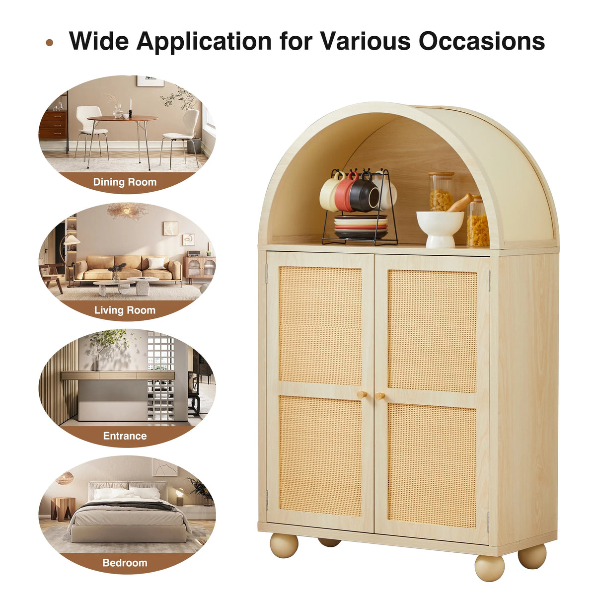 Wirrytor Arched Kitchen Storage Cabinet, Sideboard Buffet Cabinet with 2 - Tier and 2 Doors, Black Sideboard, Kitchen Pantry Cabinet, Wooden Storage Cabinet for Living Room