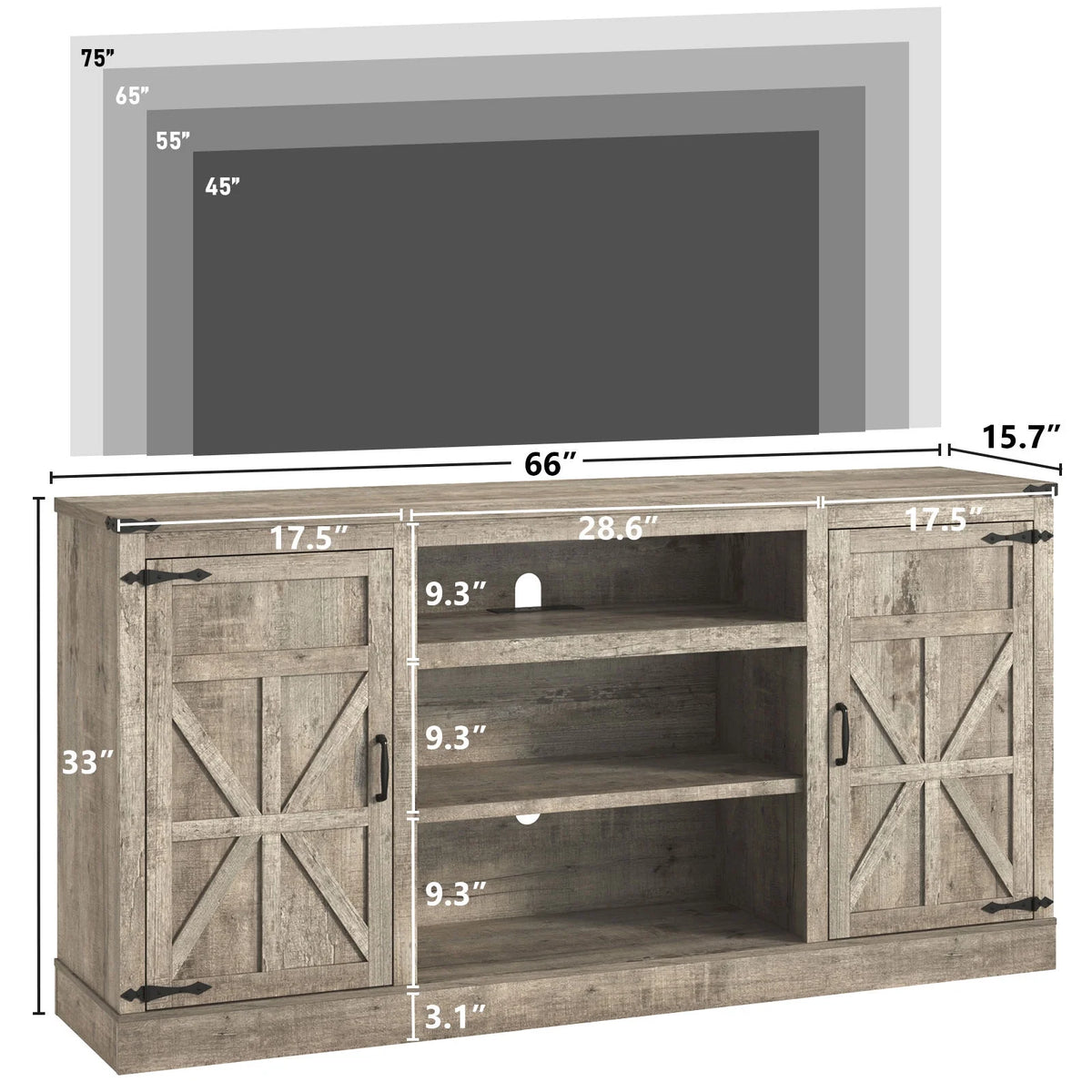 Chvans Farmhouse Barn Door TV Stand for up to 65" Tvs & 23" Electric Fireplace, Entertainment Center Console Table with Adjustable Shevles