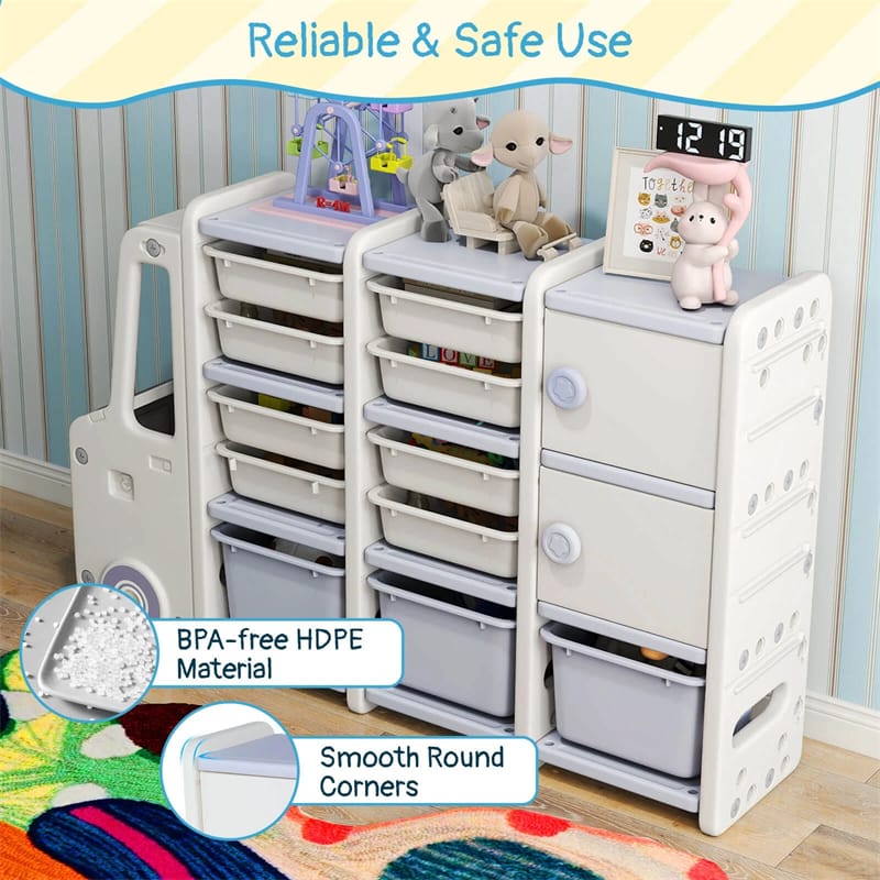 Truck-Shaped Kids Toy Storage Organizer with 11 Removable Bins, 2 Cabinets & Top Shelf, Toddler Bookshelf for Playroom & Kids Room