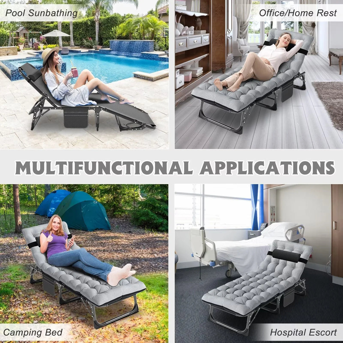 MOPHOTO Lounge Chair with Mattress, Outdoor Chaise Lounge Support 440 lb, Adjustable Portable Heavy Duty Sleeping Cots Bed for Camping, Pool, Beach, Patio