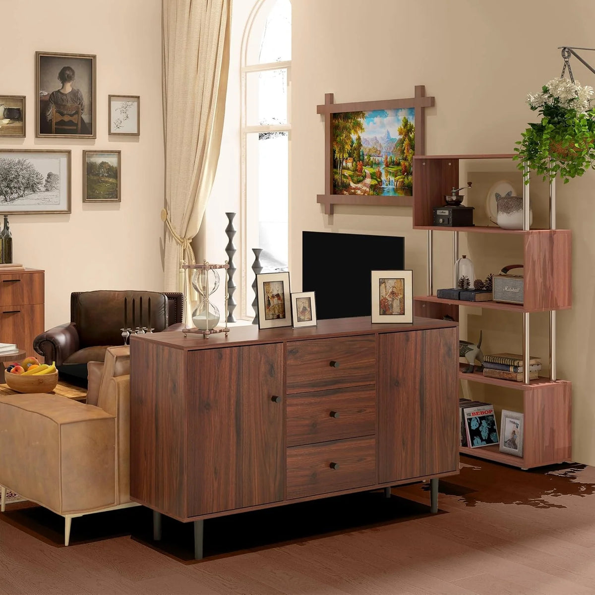 Kitchen Sideboard with Two Cabinets and Three Drawers, Rustic Brown