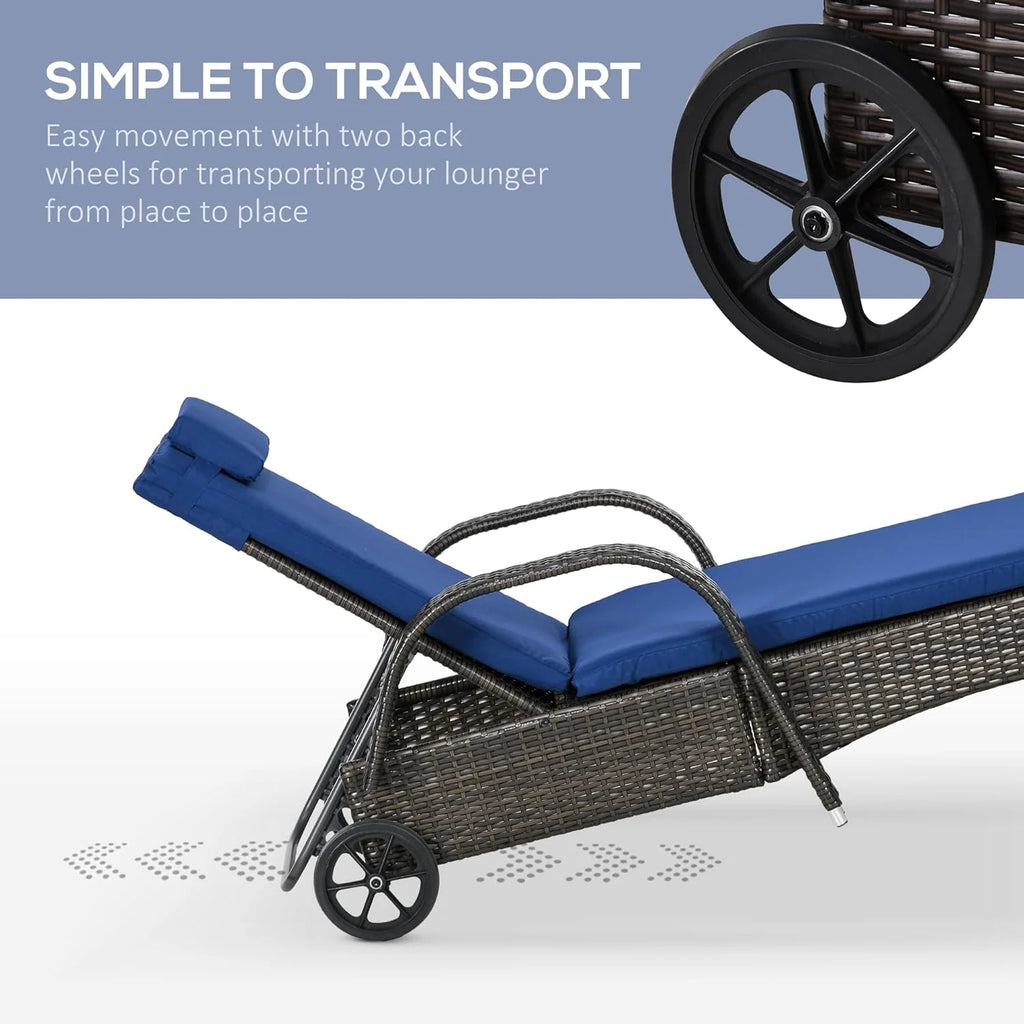 Outdoor Wicker Chaise Lounge with Adjustable Backrest and Wheels