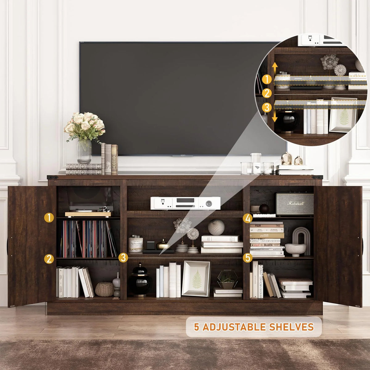 Chvans Farmhouse Barn Door TV Stand for up to 65" Tvs & 23" Electric Fireplace, Entertainment Center Console Table with Adjustable Shevles