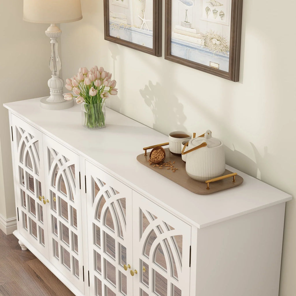 Timechee Buffet Sideboard Accent Table, Console Table Storage Cabinet with Mirror Doors, White