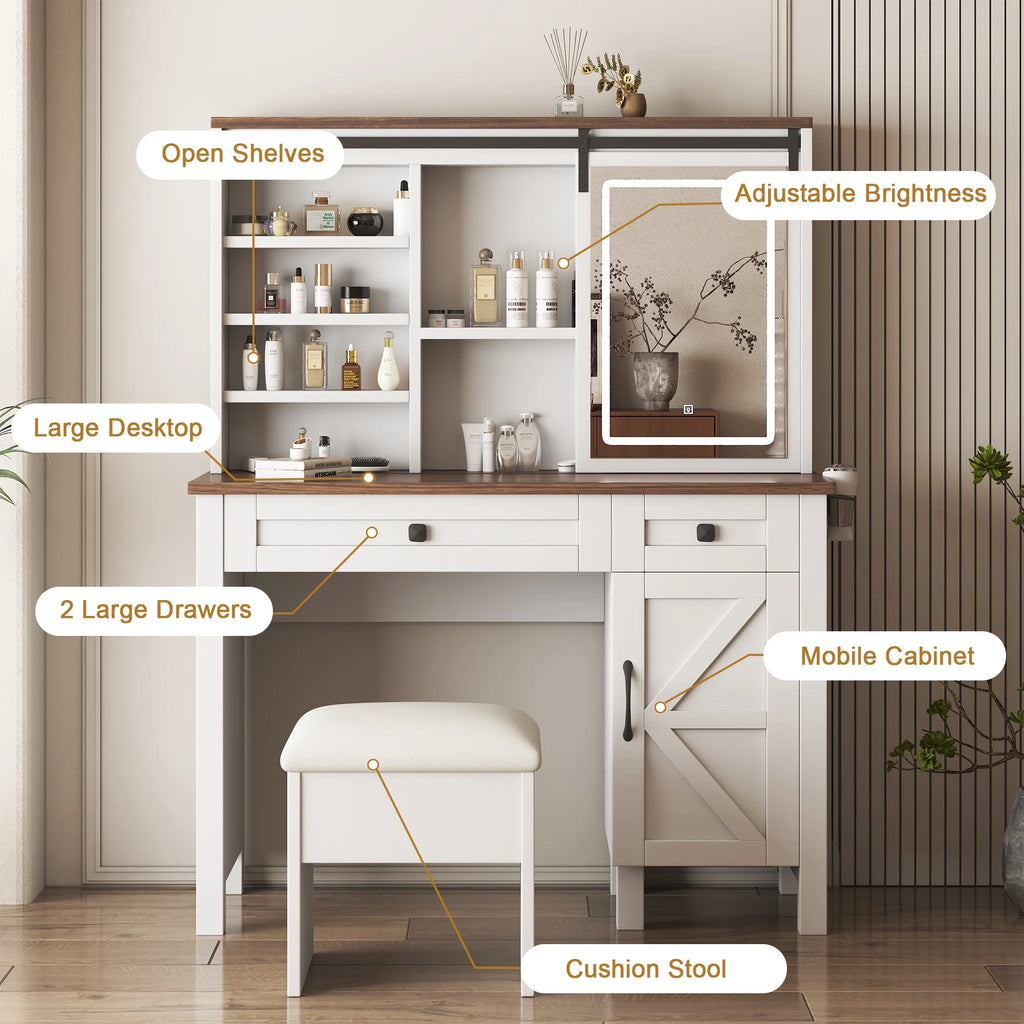 Montary Modern Mini Vanity W/Adjustable LED Mirror + Hidden Storage, Padded Stool & Dustproof Shelves (White)