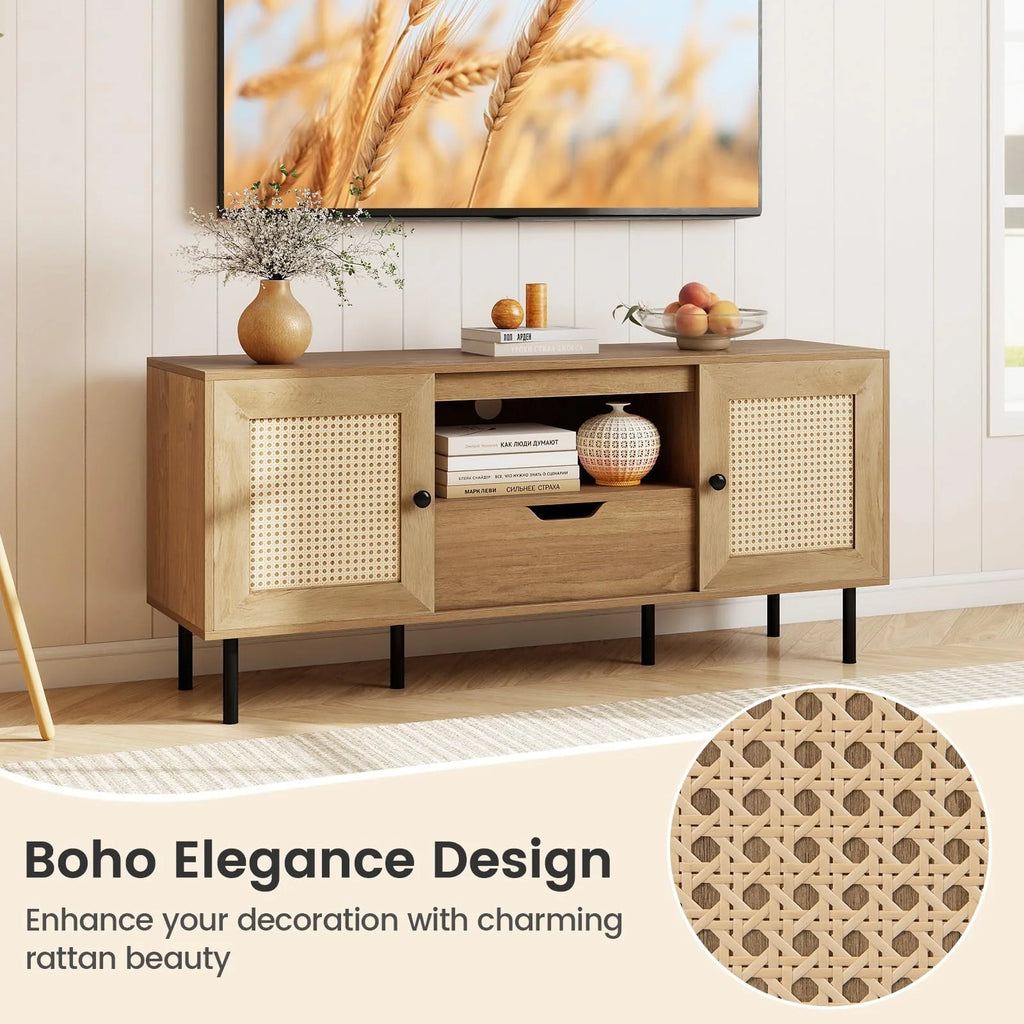 Tangkula Boho TV Stand for 60 Inch TV Entertainment Center with Cabinets and Storage Shelf