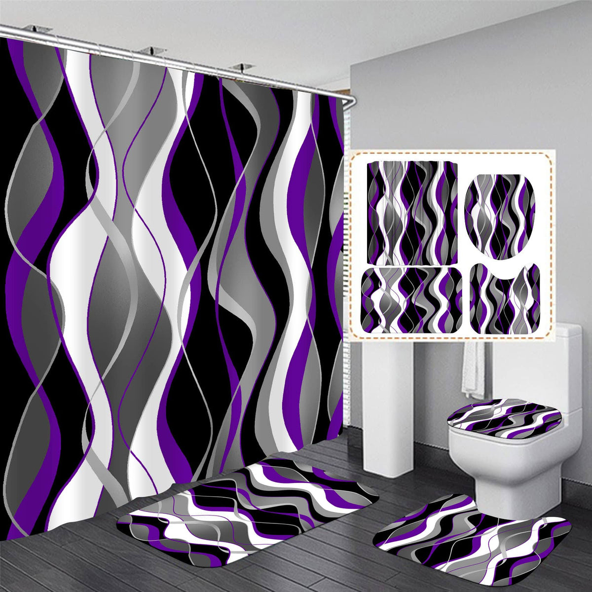 Nkzply 4 Pcs Purple and Black Striped Shower Curtain Set Grey and White Bathroom Sets with Shower Curtain and Rugs Purple Modern