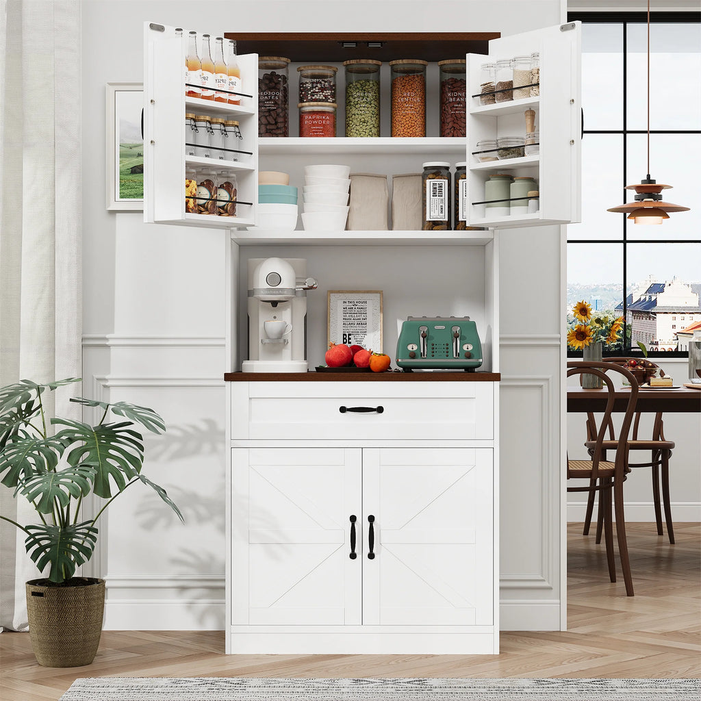 Planntonneo 71'' Tall Kitchen Pantry Storage Hutch Cabinet with Doors and Shelves, Grey Oak