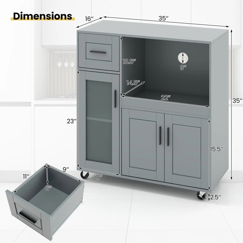 Topbuy Rolling Kitchen Island with Wheels Kitchen Cart?with Drawer and Glass Door Cabinet