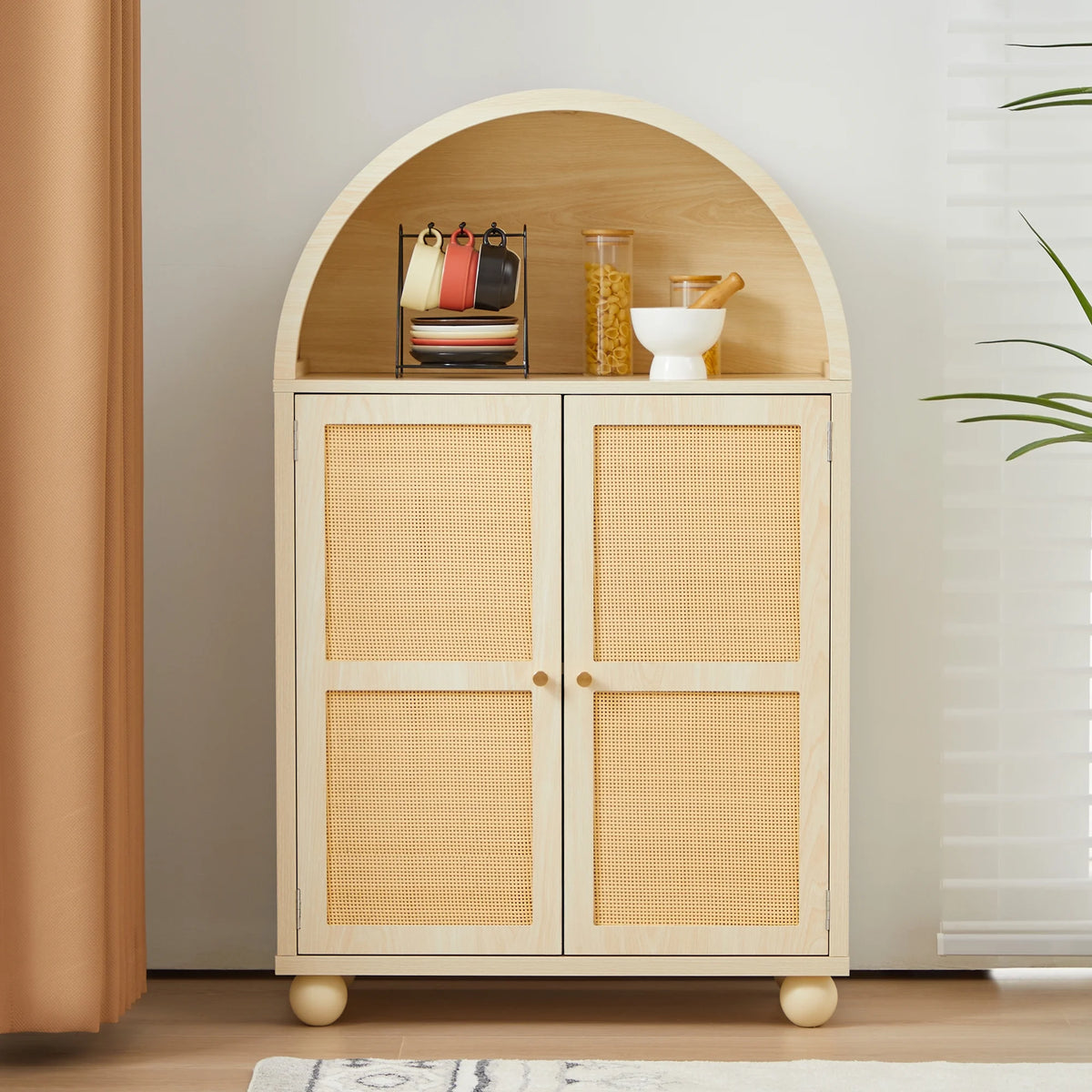 Wirrytor Arched Kitchen Storage Cabinet, Sideboard Buffet Cabinet with 2 - Tier and 2 Doors, Black Sideboard, Kitchen Pantry Cabinet, Wooden Storage Cabinet for Living Room