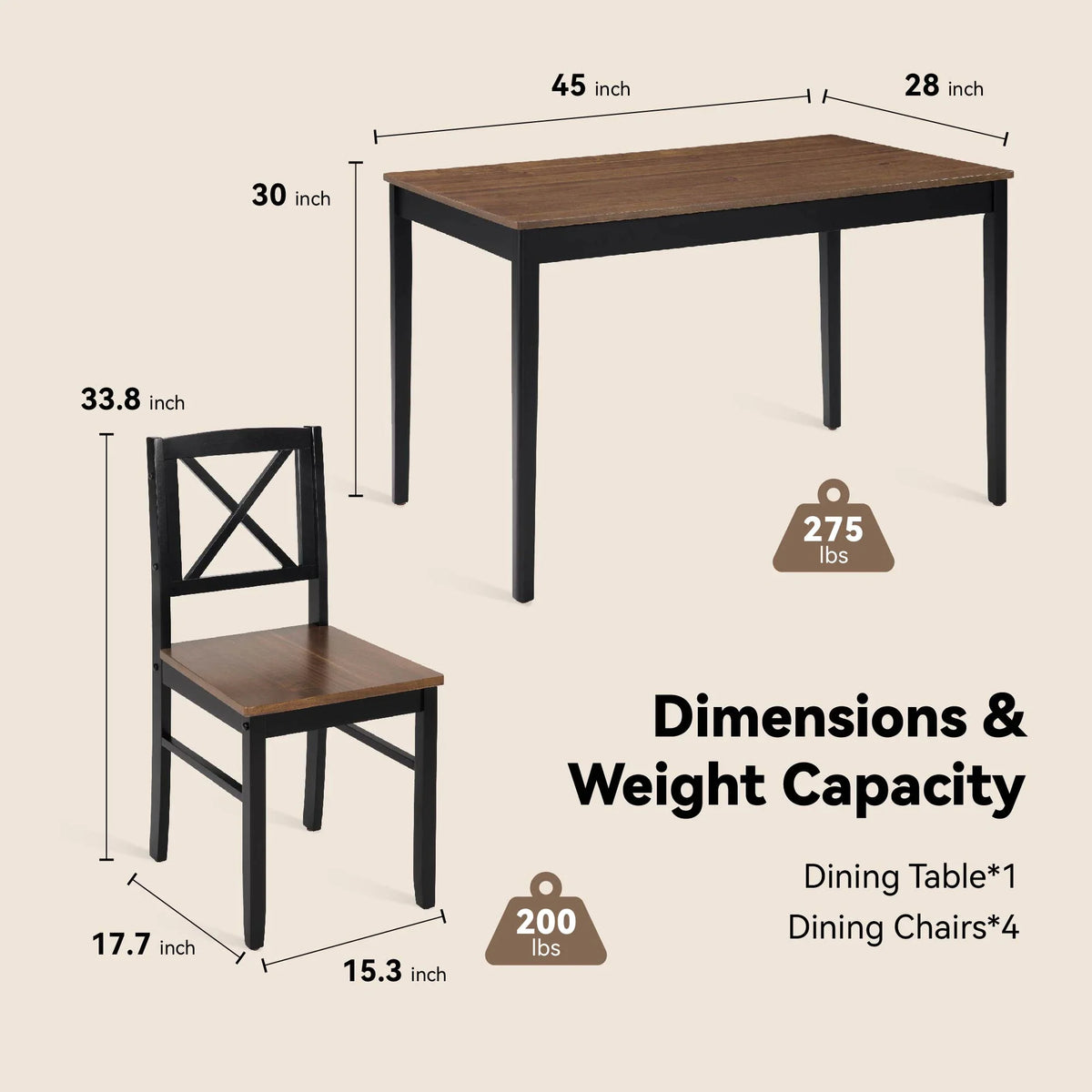 Seizeen Solid Wood Kitchen Table and Chairs, Dining Room Table Set for 4 with Gray Upholstered Chairs, Wood Grain Table Heavy - Duty Frame, Rustic Minimalist Style Breakfast Nook Set