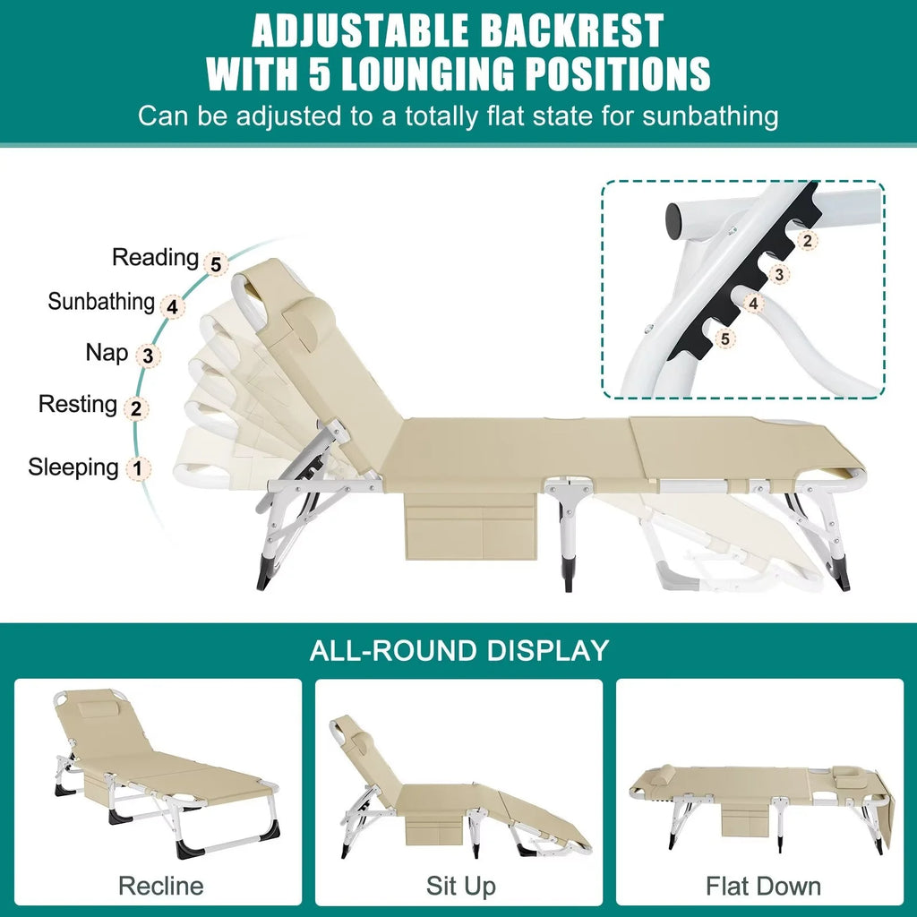 MOPHOTO Lounge Chair with Mattress, Outdoor Chaise Lounge Support 440 lb, Adjustable Portable Heavy Duty Sleeping Cots Bed for Camping, Pool, Beach, Patio