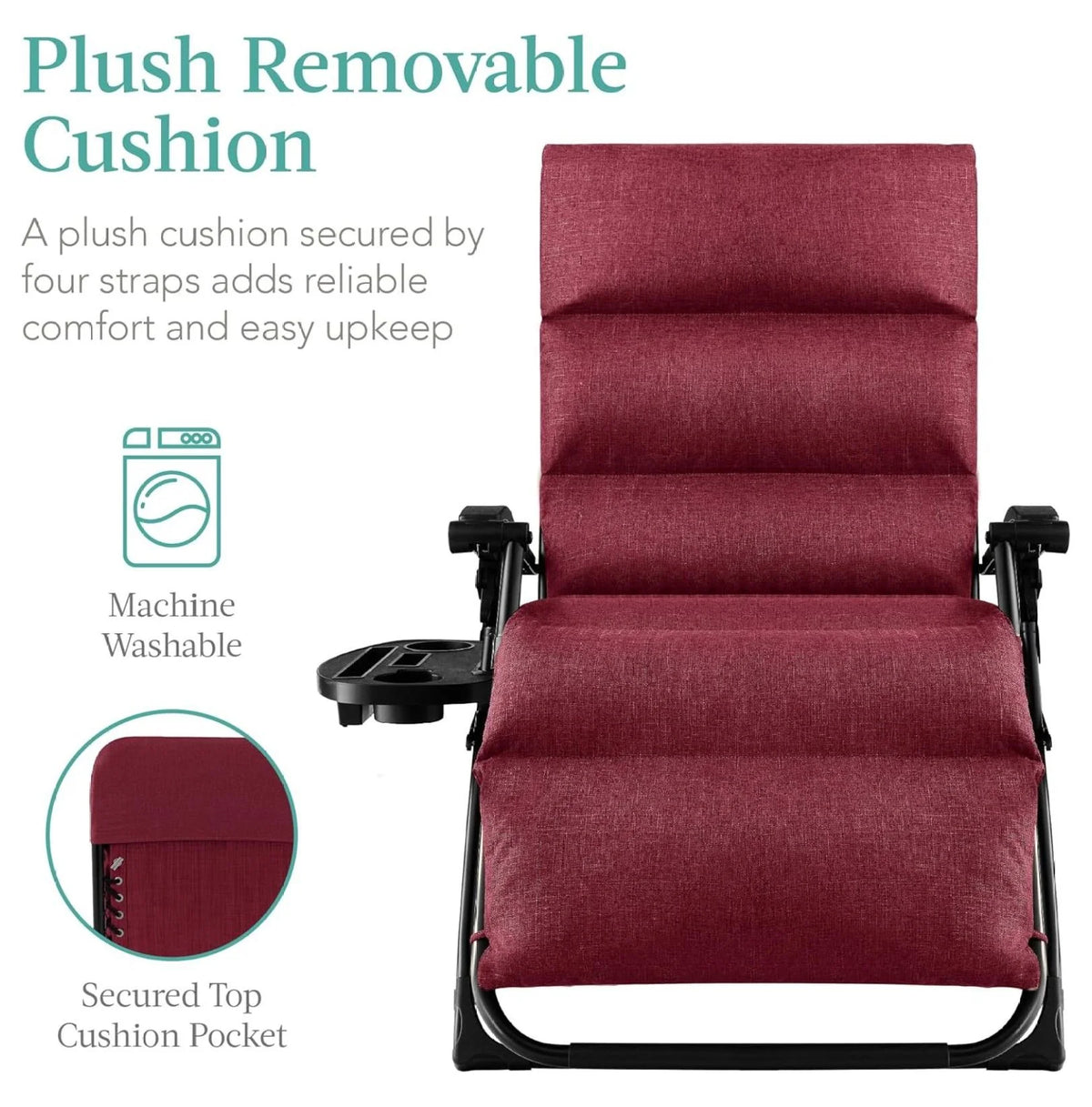 Oversized Chair, Folding Outdoor Patio Recliner, XL Anti Gravity Lounger W/Removable Cushion, Cup Holder, Side Tray, 350 lb Capacity - Taupe