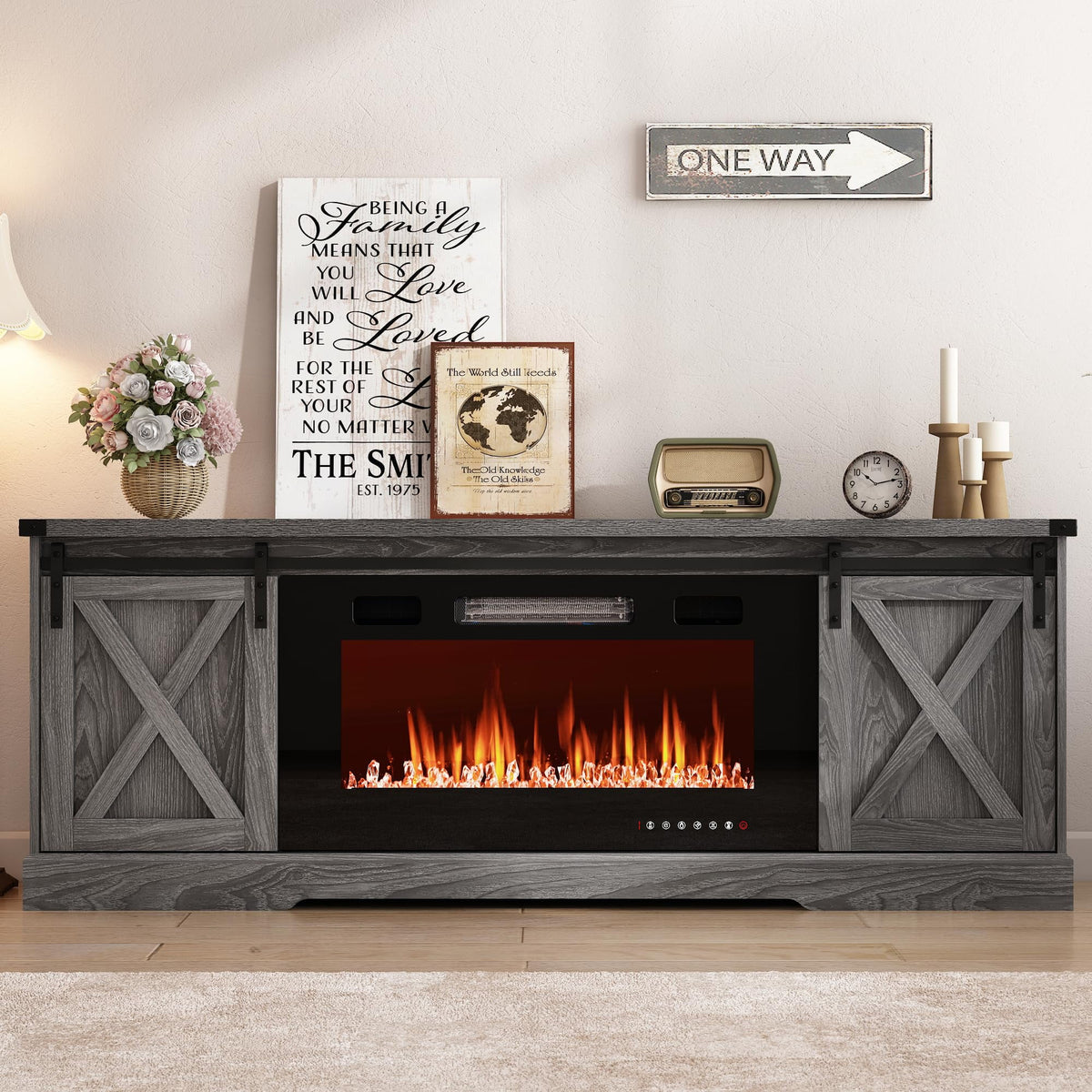Chvans Farmhouse Barn Door TV Stand for up to 65" Tvs & 23" Electric Fireplace, Entertainment Center Console Table with Adjustable Shevles