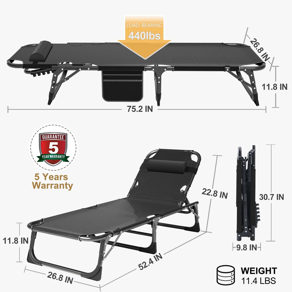 MOPHOTO Lounge Chair with Mattress, Outdoor Chaise Lounge Support 440 lb, Adjustable Portable Heavy Duty Sleeping Cots Bed for Camping, Pool, Beach, Patio