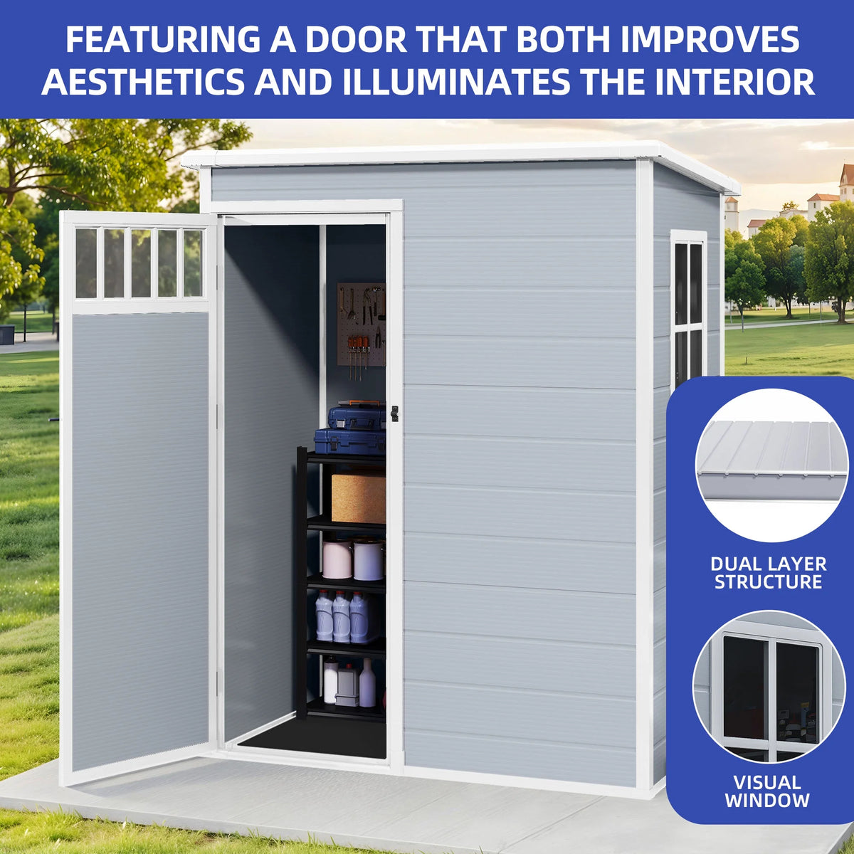 Modfusion 4.62.66.3 Ft Resin Storage Shed with Window, Floor, Plastic Roof, Storage Cabinets for Brooms Vacuum Cleaners Fits 65 to 68 in, Winter Gear Box, Black