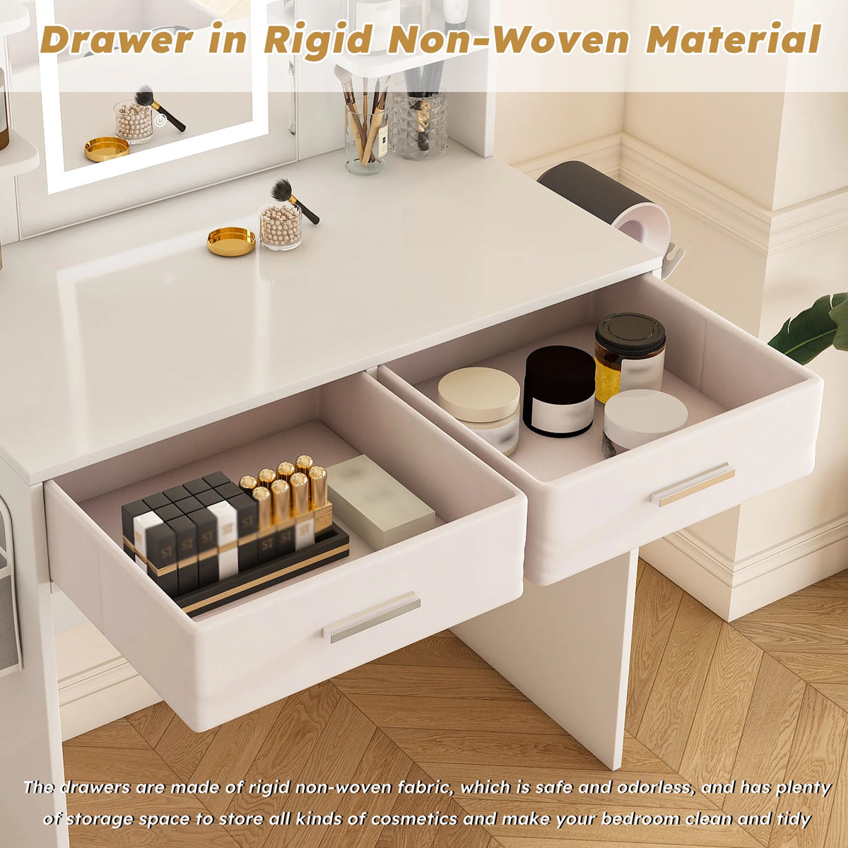 Montary Modern Mini Vanity W/Adjustable LED Mirror + Hidden Storage, Padded Stool & Dustproof Shelves (White)