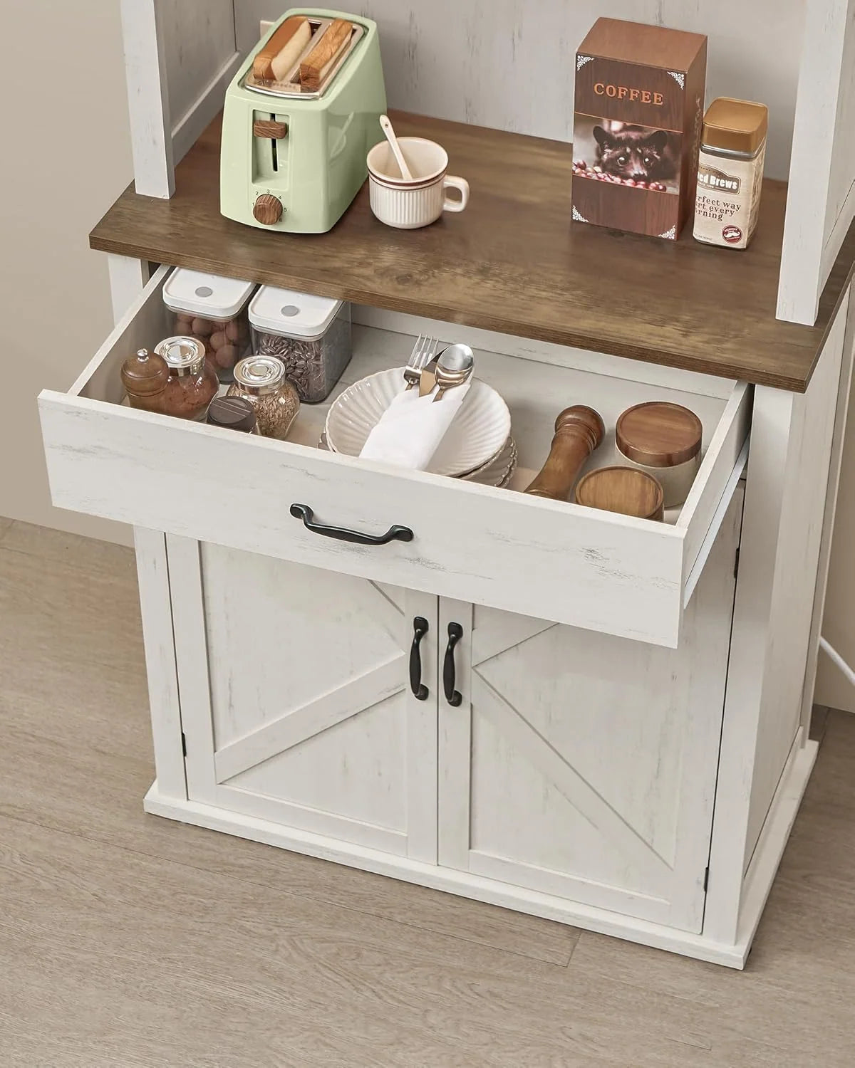 Pantry Cabinet with Lights and Charging Station, Rustic White