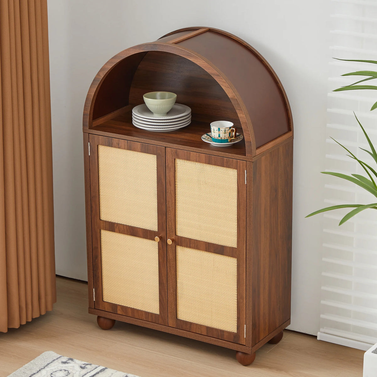 Wirrytor Arched Kitchen Storage Cabinet, Sideboard Buffet Cabinet with 2 - Tier and 2 Doors, Black Sideboard, Kitchen Pantry Cabinet, Wooden Storage Cabinet for Living Room
