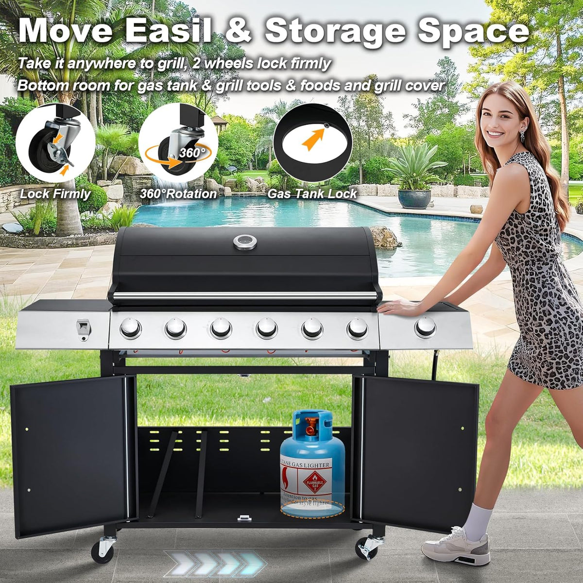 Upgraded 4 Burner Bbq Propane Gas Grill with Cast Iron Grates & Side Stove, 44,000 btu Stainless Steel Burner Barbecue Grill for Patio,…