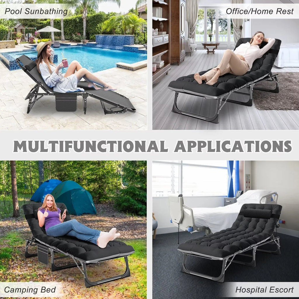 MOPHOTO Lounge Chair with Mattress, Outdoor Chaise Lounge Support 440 lb, Adjustable Portable Heavy Duty Sleeping Cots Bed for Camping, Pool, Beach, Patio