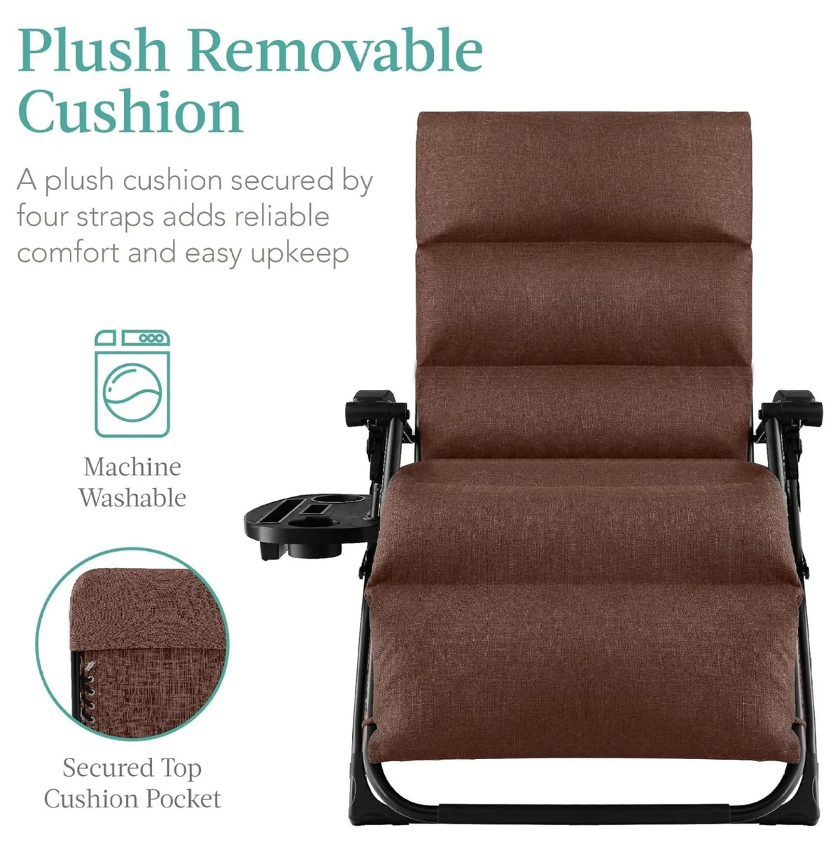 Oversized Chair, Folding Outdoor Patio Recliner, XL Anti Gravity Lounger W/Removable Cushion, Cup Holder, Side Tray, 350 lb Capacity - Taupe