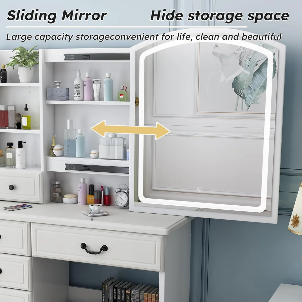 Montary Modern Mini Vanity W/Adjustable LED Mirror + Hidden Storage, Padded Stool & Dustproof Shelves (White)