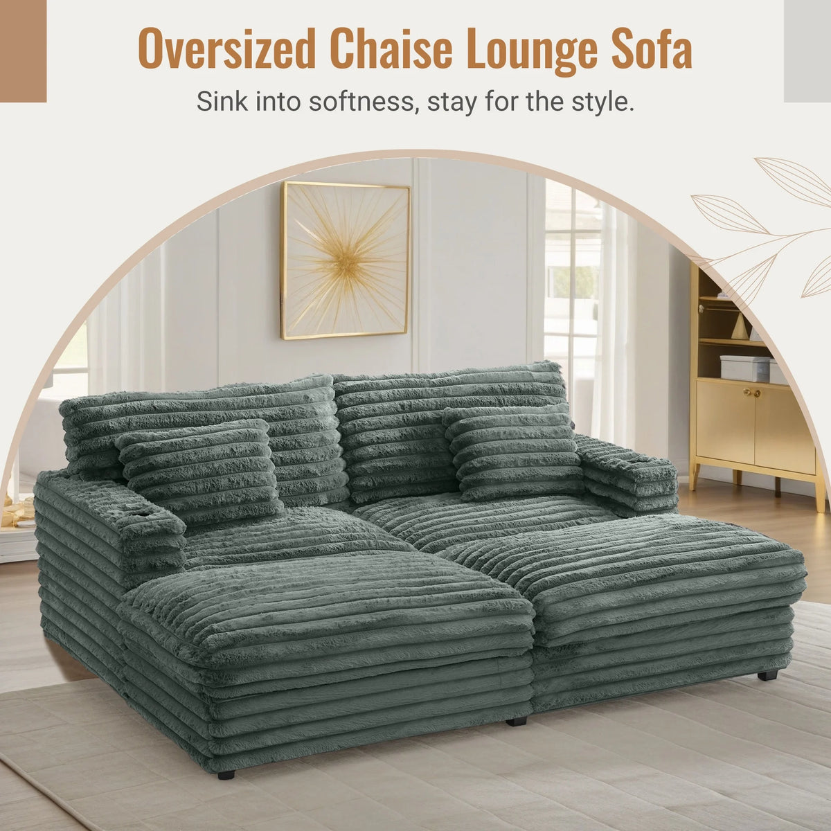 Oversized Double Chaise Lounge, Faux Fur Upholstered Deep Seat Sofa with 2 Pillows, 2 Cupholders, and Dual USB Ports