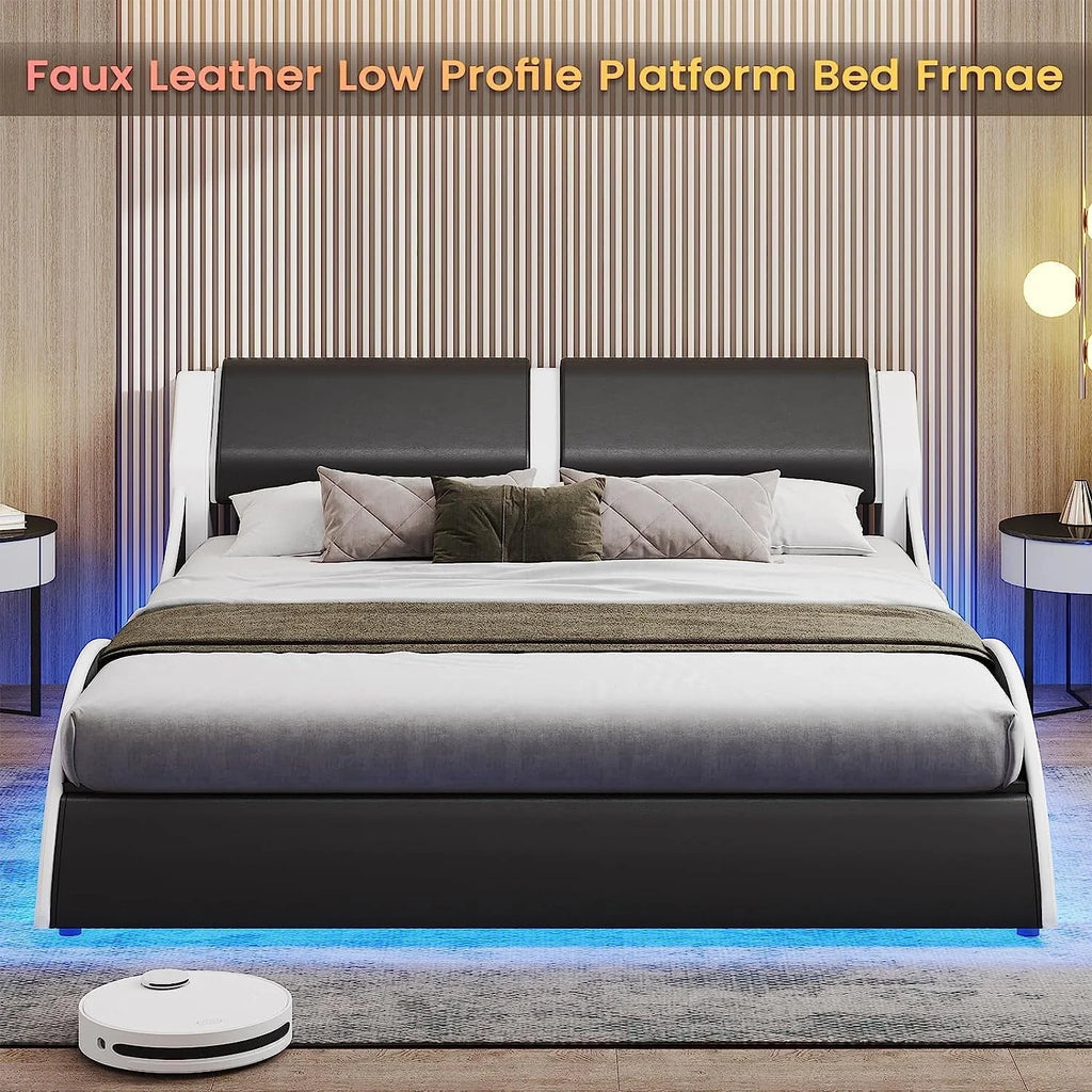 Queen Size Bed Frame with LED Lights, Modern Platform Bed Frame with Upholstered Headboard, Faux Leather Wave Like Low Profile Bed Frame, No Box Spring Needed, Black