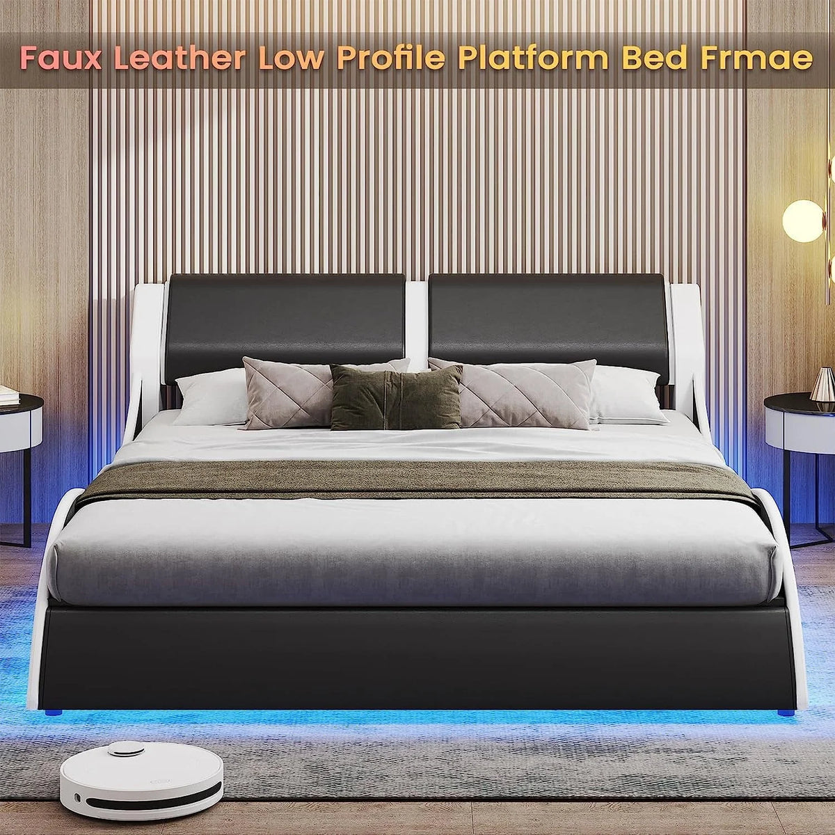 Queen Size Bed Frame with LED Lights, Modern Platform Bed Frame with Upholstered Headboard, Faux Leather Wave Like Low Profile Bed Frame, No Box Spring Needed, Black