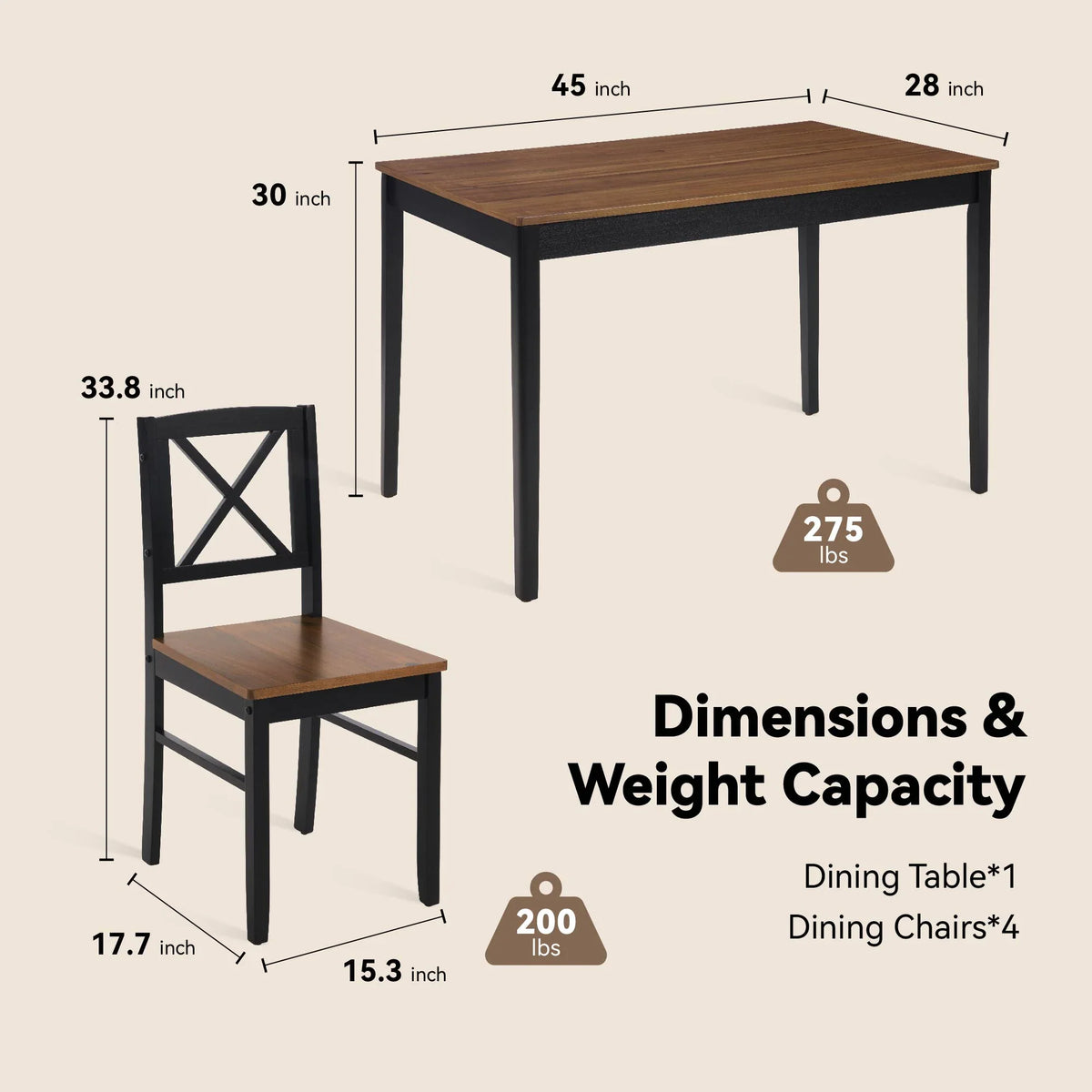 Seizeen Solid Wood Kitchen Table and Chairs, Dining Room Table Set for 4 with Gray Upholstered Chairs, Wood Grain Table Heavy - Duty Frame, Rustic Minimalist Style Breakfast Nook Set