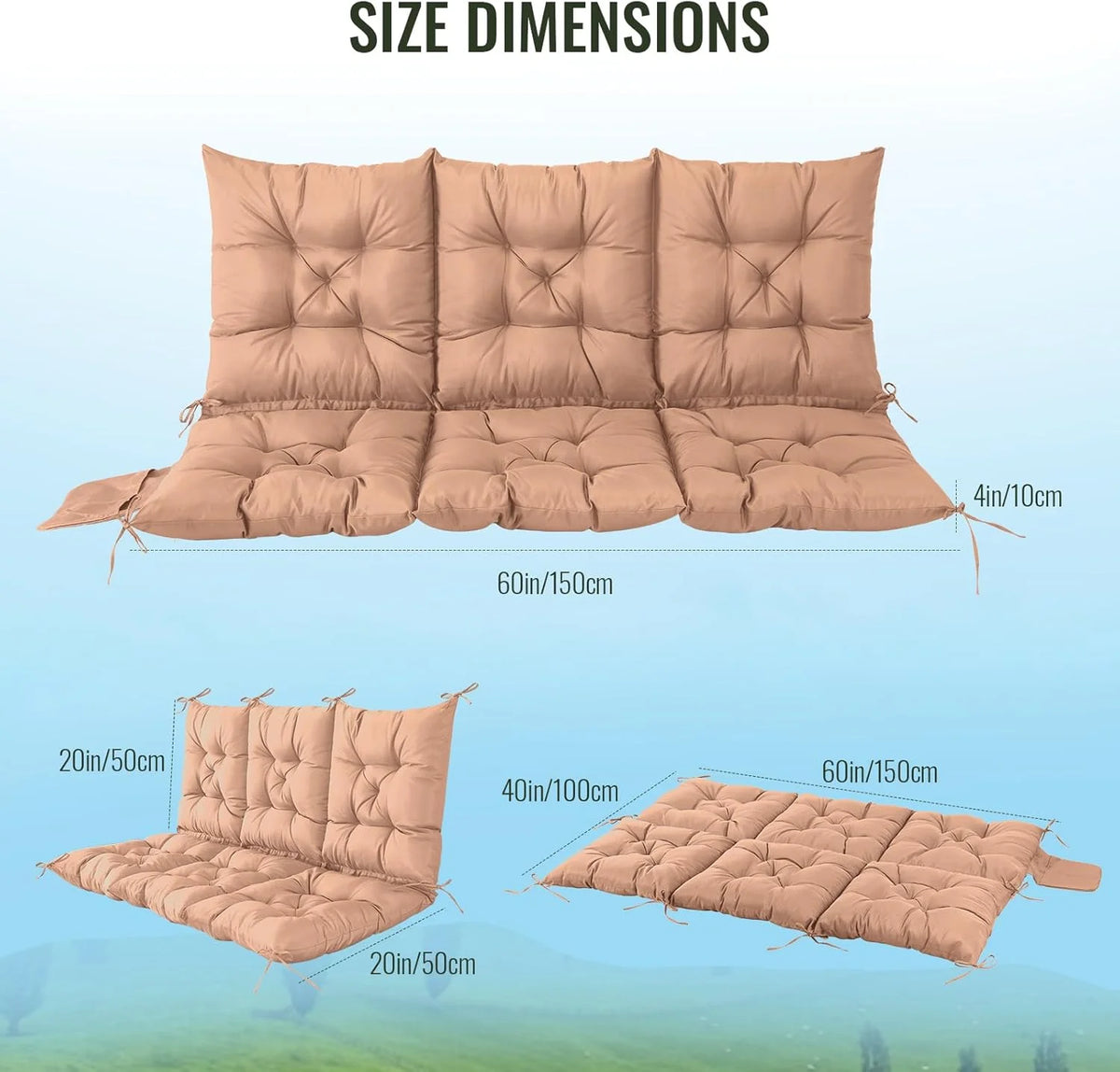 NACATIN 3 Seat Cushion for Outdoor Swing - 60x40 Inches, 4" Thick Porch Swing Cushions with Ties and Storage Bag, Waterproof Bench Replacement Cushions for Patio, Outdoor, Backyard and Garden (Khaki)