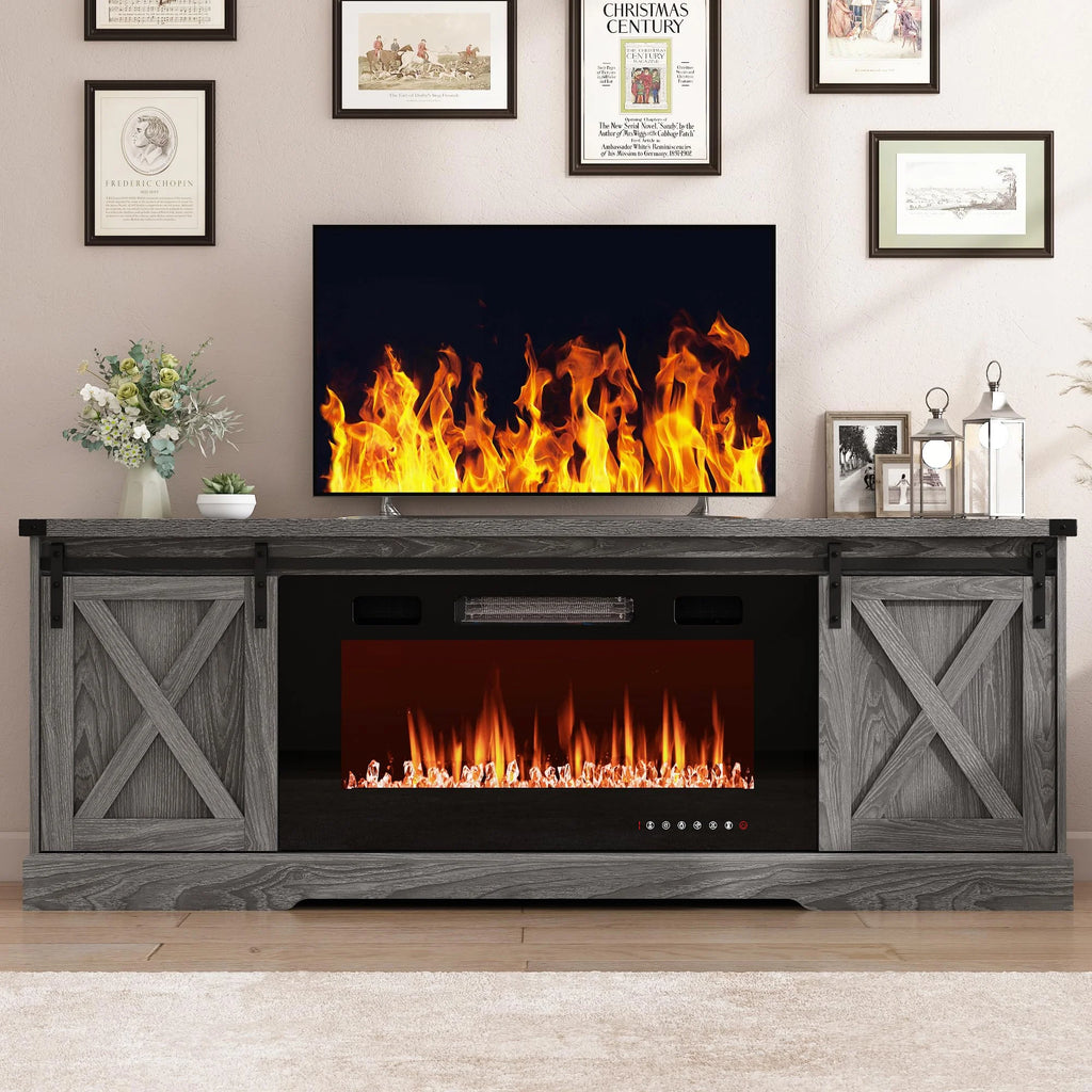 Chvans Farmhouse Barn Door TV Stand for up to 65" Tvs & 23" Electric Fireplace, Entertainment Center Console Table with Adjustable Shevles