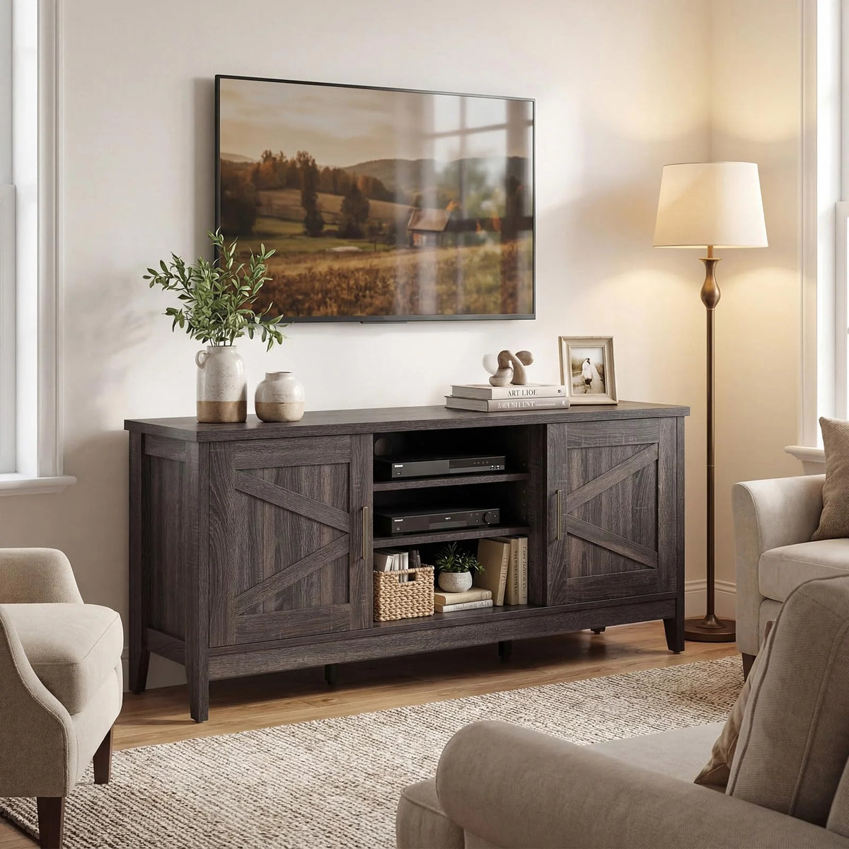 Tangkula Farmhouse TV Stand for TVs up to 65 Inch Entertainment Center with 2 Storage Cabinets