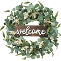 Sggvecsy Green Eucalyptus Wreath with Welcome Sign 20in Artificial Eucalyptus Wreath Spring Summer Wreath with White Berries for Front Door Wall